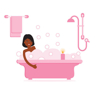 矢量卡通风格的插图妇女洗澡充满肥皂泡沫。 浴室里放松的女孩。 浴室内部。