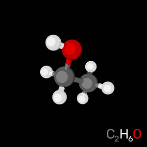 乙醇模型分子。 孤立在黑色背景上。 三维渲染插图。 卡通风格。