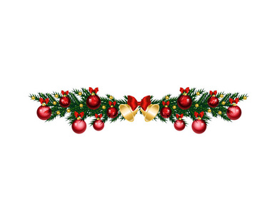 圣诞枞树枝上有铃铛和红色的球，白色背景的
