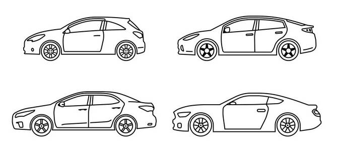 一套扁平型的汽车.轿车, 跑车车, 两厢车.侧视图照片