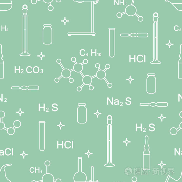 科学矢量无缝图案与烧瓶试管烧杯工具和公式。 教育要素。 化学生物医学。