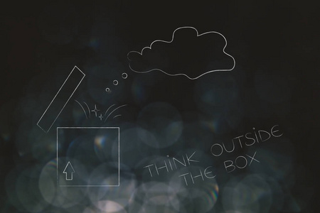 思考盒子外的概念插图思想气泡从打开的包裹中挣脱出来