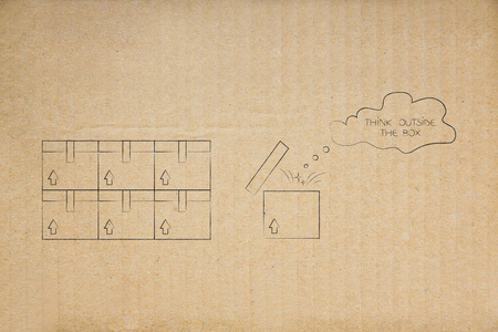 在盒子外思考概念插图一堆包裹旁边的一个打开的一个，思想泡沫和文本弹出