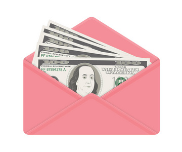 美国银行货币开着粉红色信封。 一百美元的作为礼物关闭。 行贿信封贿赂和腐败。 矢量图。 美元作为目前的工资。