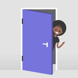 似水流年年轻的黑人女孩从门后偷看出来.你好, 你好吗?插画