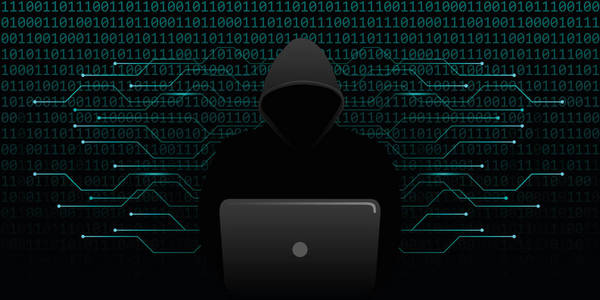 与计算机的小偷计算机黑客网络犯罪与蓝色二进制代码网络背景照片
