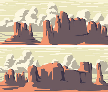 一套带有岩石和云的野生西部沙漠地区矢量程式化旗帜。