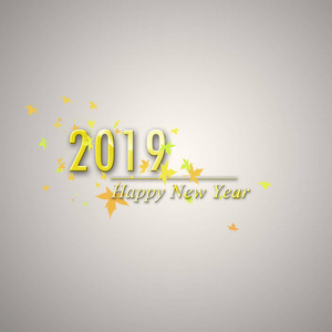 2019年新年快乐，用金色字母印在灰色背景和树叶上