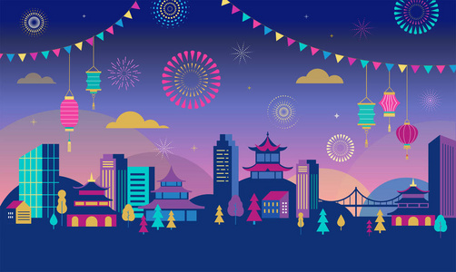 中国新年-城市景观与五颜六色的烟花和灯笼.向量背景照片