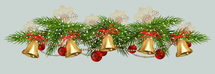 圣诞作文与铃铛, 红色球, 金色雪花和圣诞树树枝