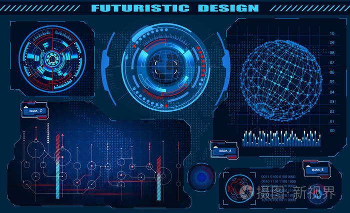 未来的图形界面 hud 设计, 信息图元素, 地球的全息图。主题与科学, 主题分析。插图