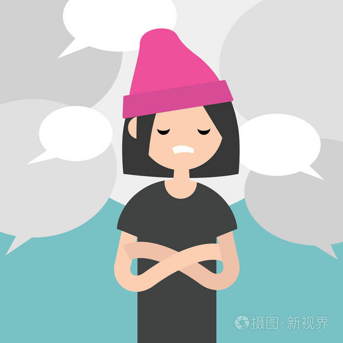 谣言. 年轻疲惫的性格包围着语音气泡/平面可编辑矢量插图剪辑艺术