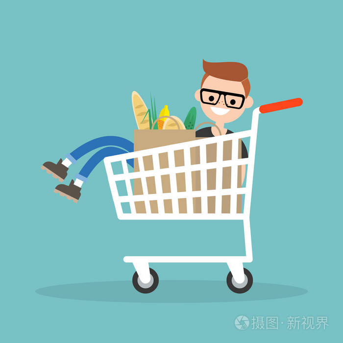 年轻人在超市里闲逛乘坐手推车平面可编辑矢量插图剪辑艺术