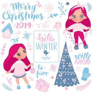 圣诞快乐, 新年快乐2019期矢量收藏。手绘假日设置在动画片样式