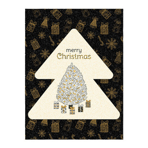 圣诞海报。 圣诞树上有礼物和圣诞树形状的铭文，上面有闪闪发光的黑色背景和金色的涂鸦。 矢量。