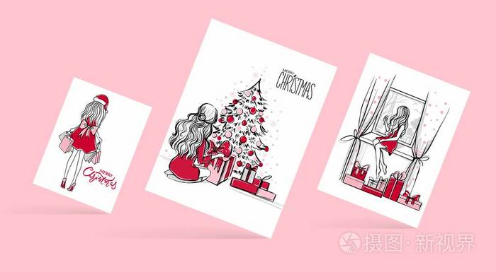 圣诞快乐和新年快乐矢量卡。 圣诞插图与女孩礼品盒圣诞树。 美丽的女人打开礼物。 圣诞收藏。 时尚素描。