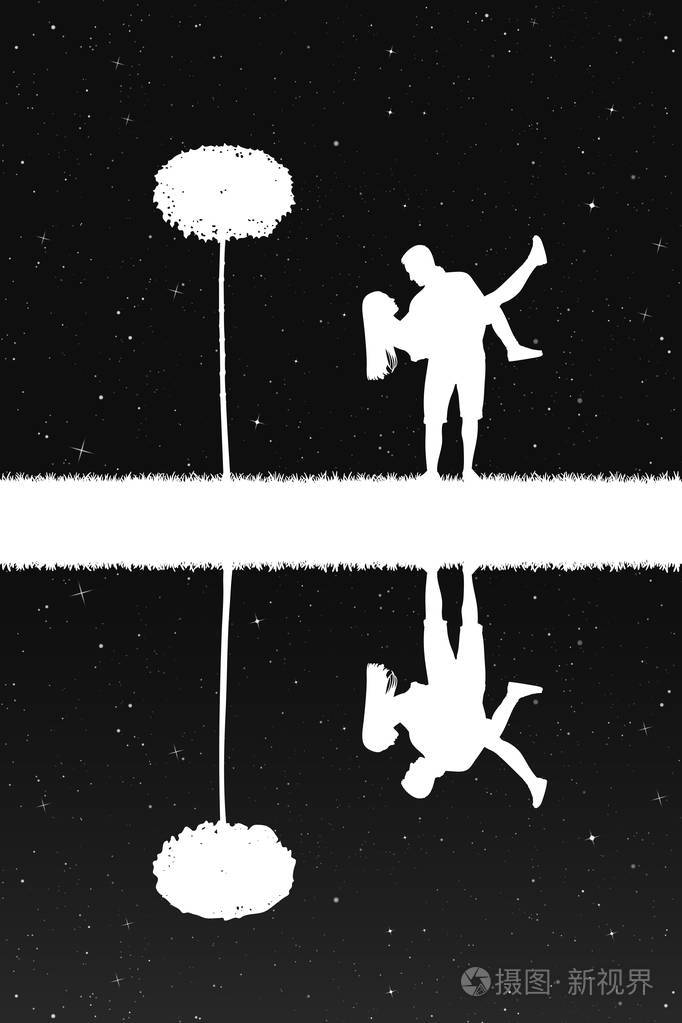 矢量插图与剪影的快乐情人和树反射在水在星空下颠倒黑白