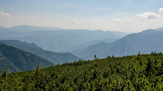 奥地利高山景观在一个朦胧的秋日。