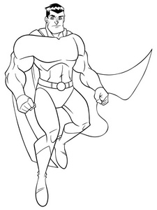 线条艺术全长插图一个强大和勇敢的卡通超级英雄穿着斗篷和服装，同时飞行期间，白色背景的复制空间。