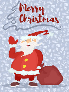 海报与紫色背景圣诞老人与一袋礼物。 股票矢量图像