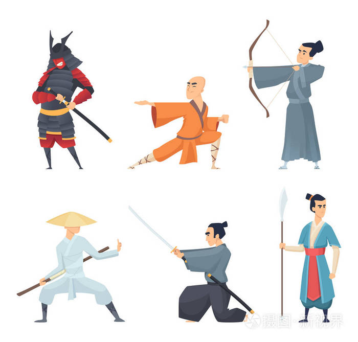 中国战斗机.传统东方英雄皇帝广东武士忍者剑矢量卡通人物在行动姿势
