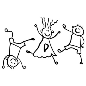 三个玩游戏的孩子. 儿童绘画的风格. 矢量图. 在白色背景上绘制轮廓.