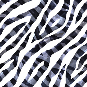 黑白抽象单色斑马纹纹理无缝图案背景. 水彩手绘动物毛皮皮肤纹理.