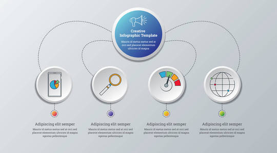 创造性信息图形模板业务数据可视化。 流程图。 带有步骤选项部分或过程的图形图的抽象元素。 用于演示的矢量业务模板。