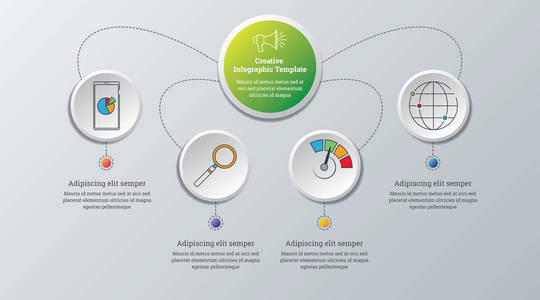 创造性信息图形模板业务数据可视化。 流程图。 带有步骤选项部分或过程的图形图的抽象元素。 用于演示的矢量业务模板。