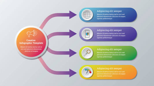 创造性信息图形模板业务数据可视化。 流程图。 带有步骤选项部分或过程的图形图的抽象元素。 用于演示的矢量业务模板。