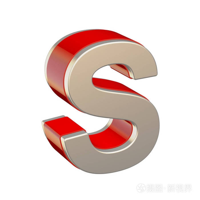 字母表字母s与红色玻璃和金属外壳隔离白色背景