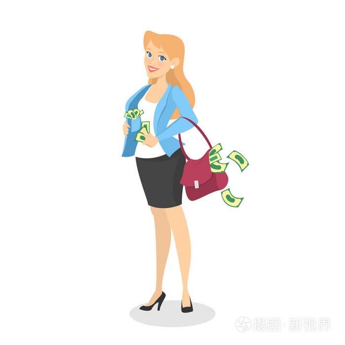 快乐成功的女人站在满包的钱