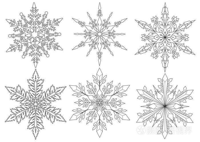 六片雪花,用于着色书,着色页和圣诞设计元素