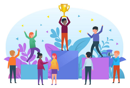 设计小人站在台座上庆祝胜利的小人.手捧金杯,胜利者,庆典.