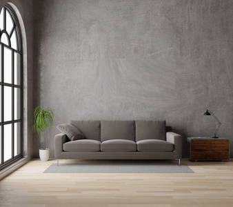 3D绘制洛夫特风格客厅，棕色沙发，生混凝土，木地板，大窗户，树