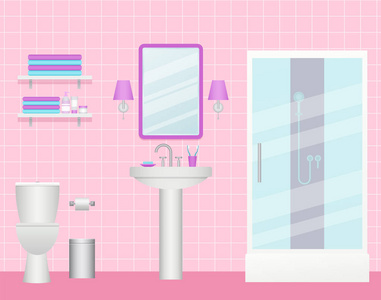 浴室内饰.向量.卫生间配有家具, 管道设计平整.