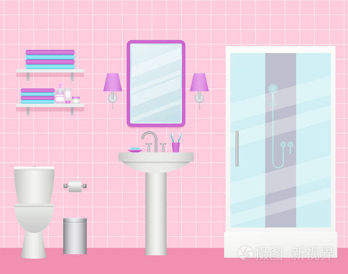 矢量. 卡通洗衣室,带淋浴舱水槽和架子. 护理设备.