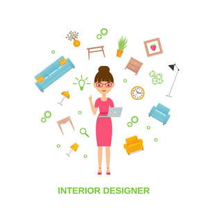 室内装饰概念. 持有笔记本电脑的女性角色设计师. 卡通平面插图.