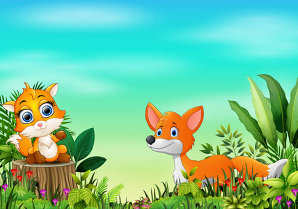 两只狐狸的自然场景漫画