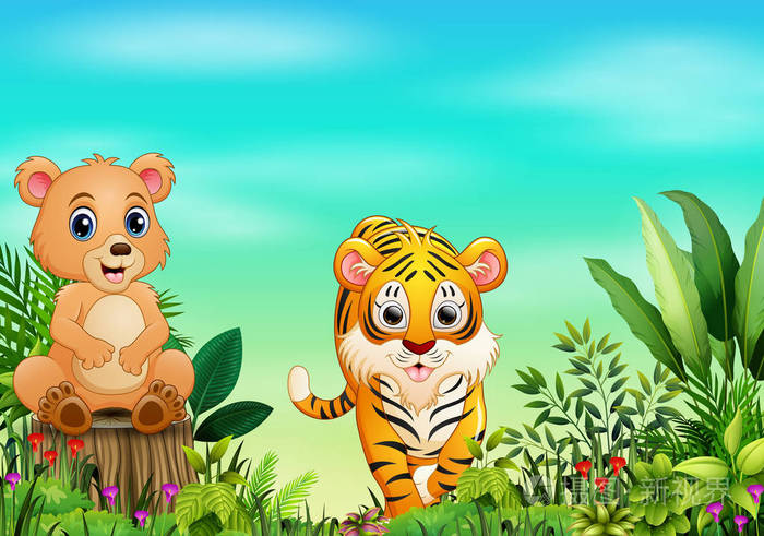 熊坐在树桩和老虎的自然景象