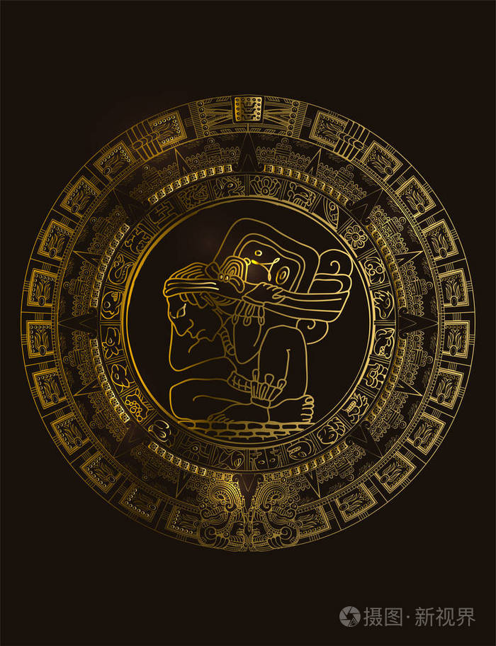 插画 玛雅日历的玛雅或阿兹特克矢量象形文字标志和符号.