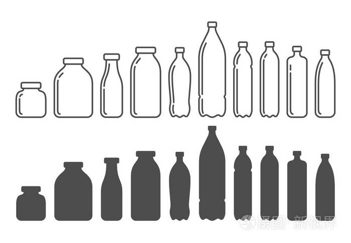 塑料和玻璃瓶容器矢量插图剪影