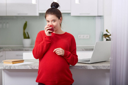 照片令人愉快的女人穿着红色的衣服，吃美味的新鲜苹果有肚皮，期待儿童模型在厨房内部与笔记本电脑的背景。 健康营养