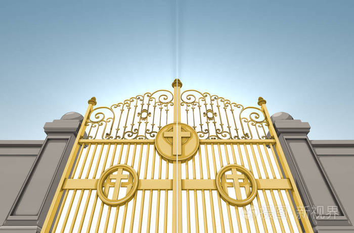 一幅用插图描绘金色珍珠般的天堂之门关闭在蓝天背景3d渲染上