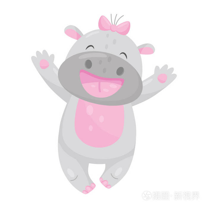可爱的微笑河马与粉红色的弓有乐趣, 可爱的庞然大物动物卡通人物向量