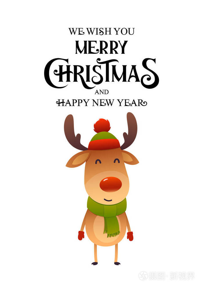 圣诞可爱的驯鹿 有红色和帽子的鼻子卡通人物 新的jear孤立插画 正版商用图片14uyz2 摄图新视界