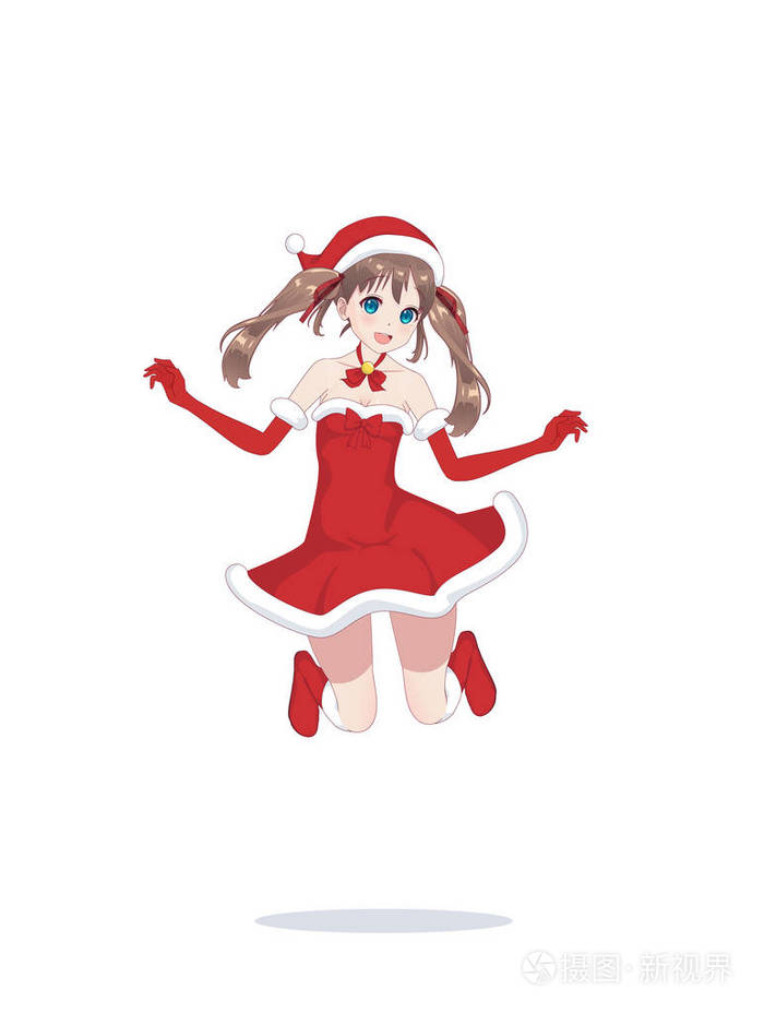 欢乐动漫漫画女孩作为圣诞老人在跳跃