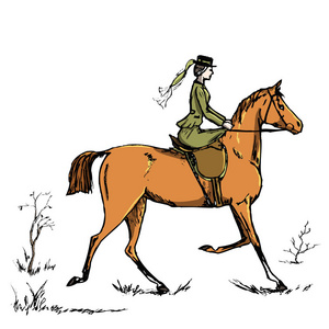 马女骑手。 英国风格的历史马背女士。 骑习惯的女人骑在红马上。 手绘矢量复古艺术白色。 英格兰狐狸猎猎尖塔的传统。