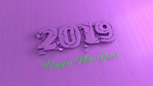 愉快的新的一年2019年孤立的数字字母写粉红色的木头和绿色在紫罗兰色背景。3d 插图