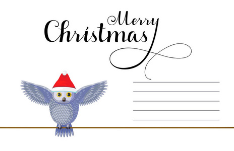 圣诞贺卡与可爱的银灰色猫头鹰戴红色帽子白色背景。 书写书法文字圣诞快乐。
